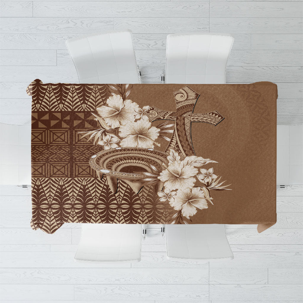 Tonga Ngatu Kupesi Brown Tapa Tablecloth Koe Otua Mo Tonga Ko Hoku Tofia LT7 Mocha - Polynesian Pride