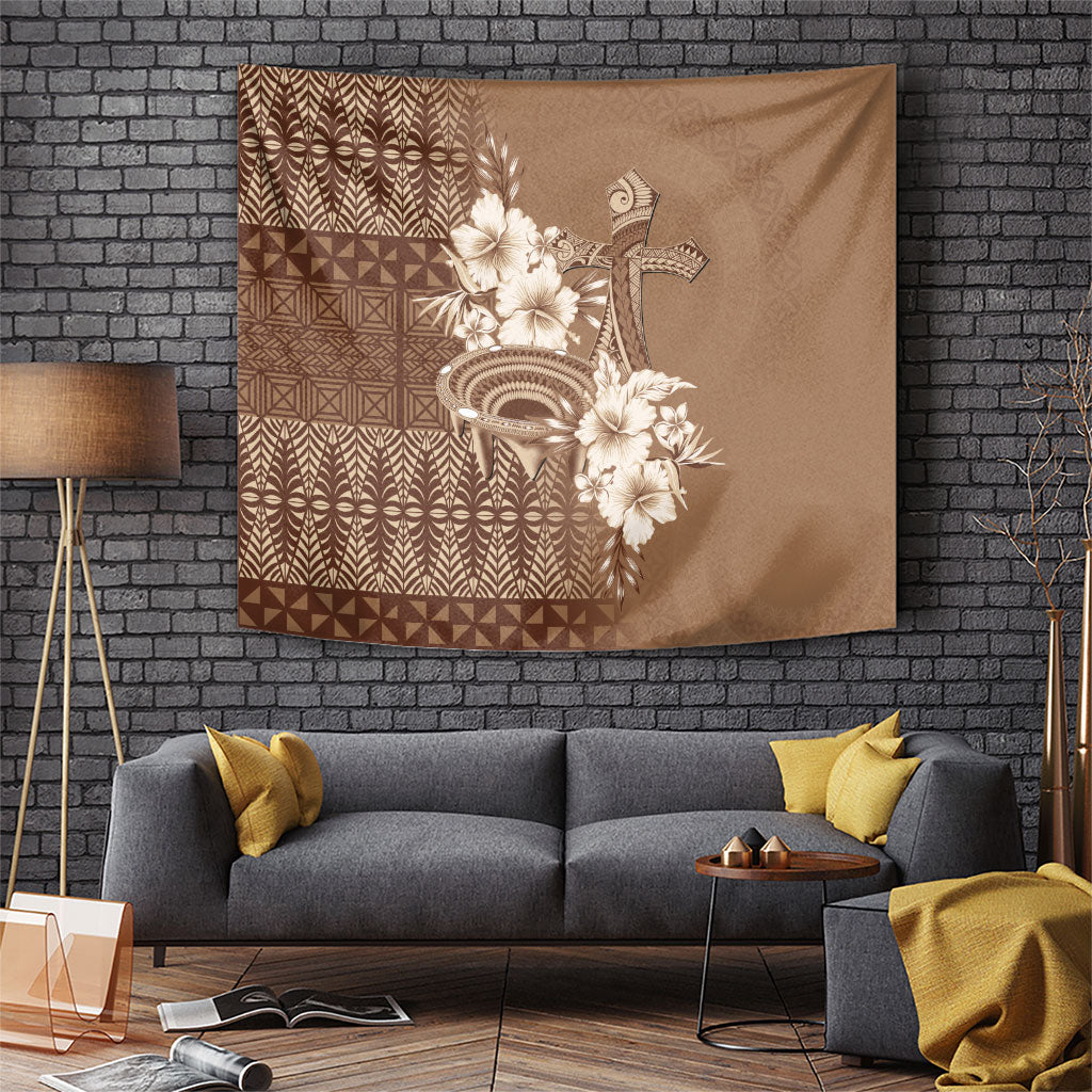 Tonga Ngatu Kupesi Brown Tapa Tapestry Koe Otua Mo Tonga Ko Hoku Tofia LT7 Mocha - Polynesian Pride