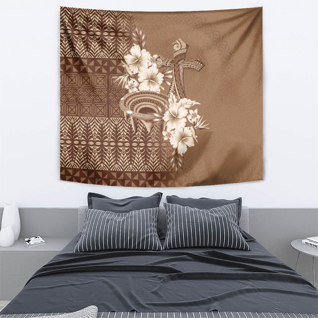 Tonga Ngatu Kupesi Brown Tapa Tapestry Koe Otua Mo Tonga Ko Hoku Tofia LT7 - Polynesian Pride