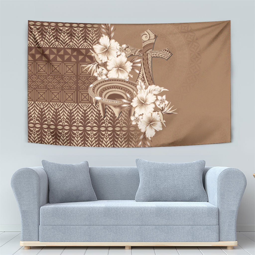 Tonga Ngatu Kupesi Brown Tapa Tapestry Koe Otua Mo Tonga Ko Hoku Tofia LT7 - Polynesian Pride