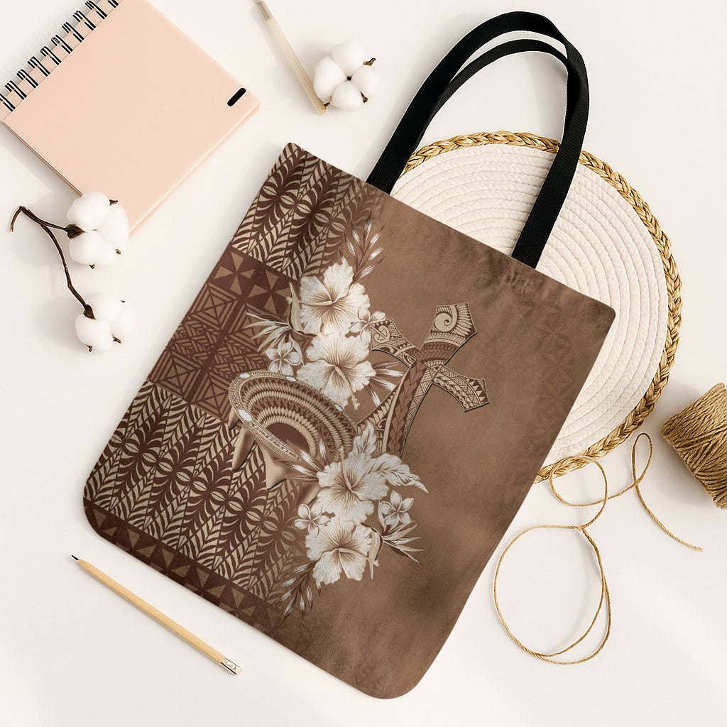 Tonga Ngatu Kupesi Brown Tapa Tote Bag Koe Otua Mo Tonga Ko Hoku Tofia LT7 Black Strap One Size Mocha - Polynesian Pride