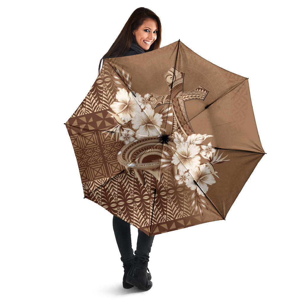 Tonga Ngatu Kupesi Brown Tapa Umbrella Koe Otua Mo Tonga Ko Hoku Tofia LT7 - Polynesian Pride