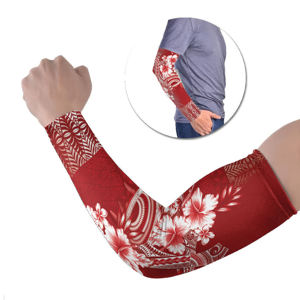 Tonga Ngatu Kupesi Royal Red Arm Sleeves Koe Otua Mo Tonga Ko Hoku Tofia LT7 Set of 2 Red - Polynesian Pride