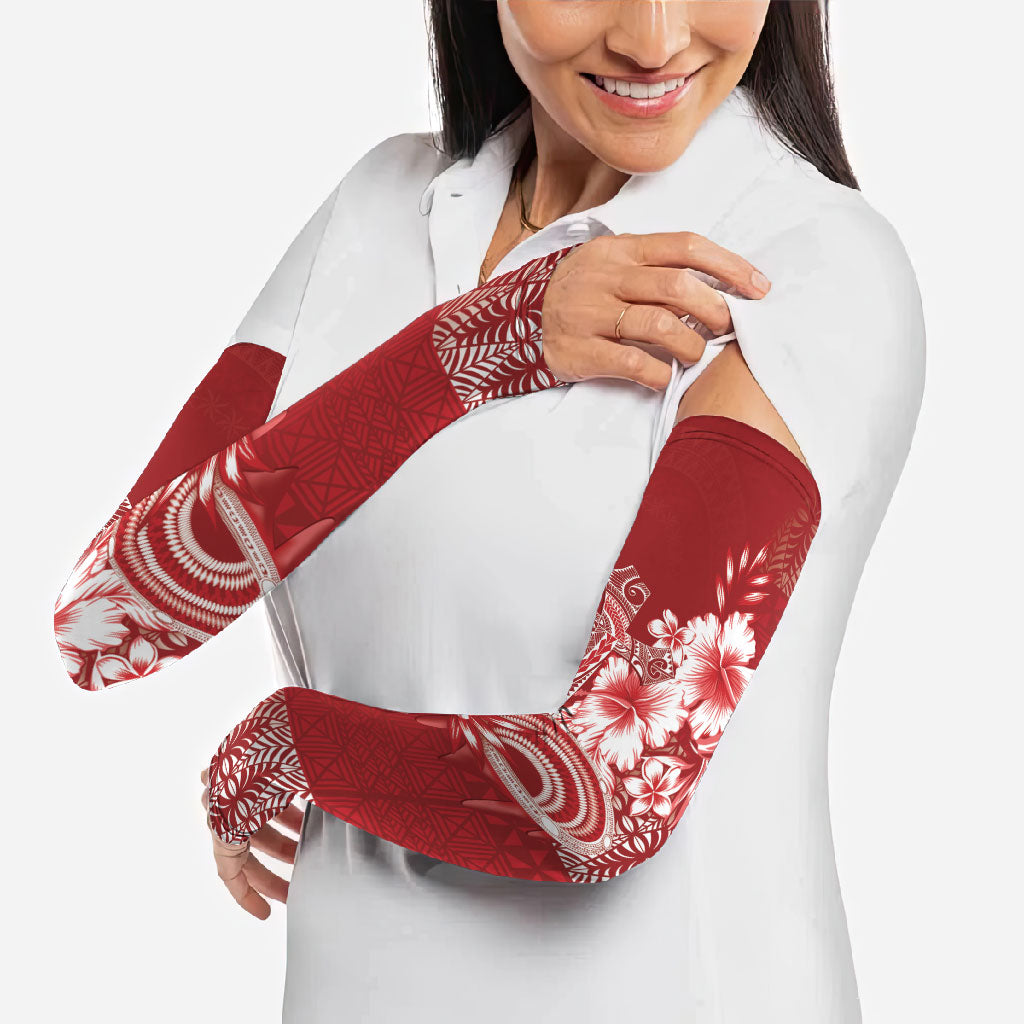 Tonga Ngatu Kupesi Royal Red Arm Sleeves Koe Otua Mo Tonga Ko Hoku Tofia LT7 - Polynesian Pride