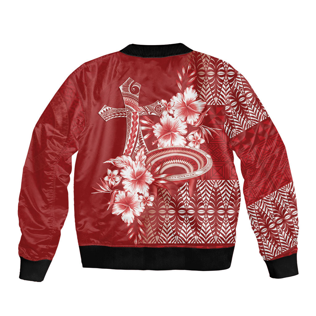 Tonga Ngatu Kupesi Royal Red Bomber Jacket Koe Otua Mo Tonga Ko Hoku Tofia LT7 - Polynesian Pride