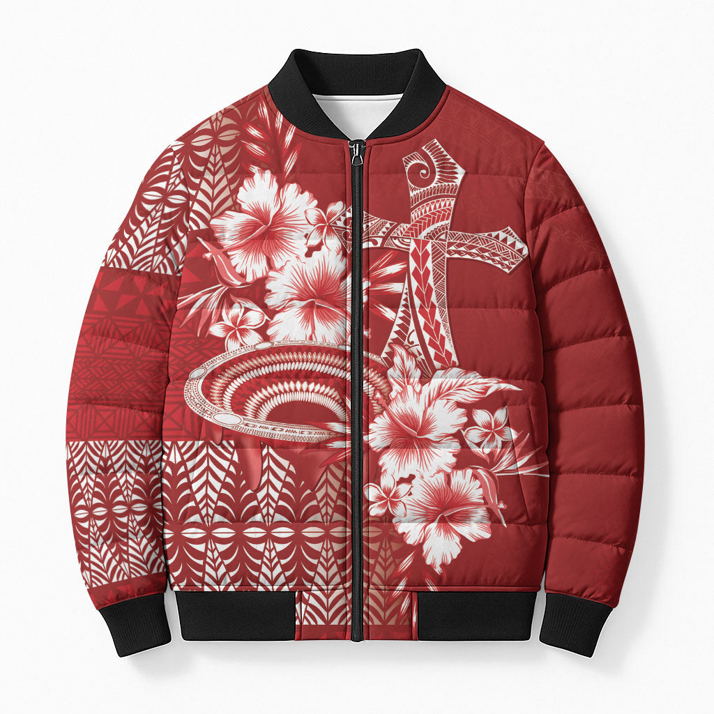 Tonga Ngatu Kupesi Royal Red Bomber Puffer Jacket Koe Otua Mo Tonga Ko Hoku Tofia LT7 Unisex Red - Polynesian Pride