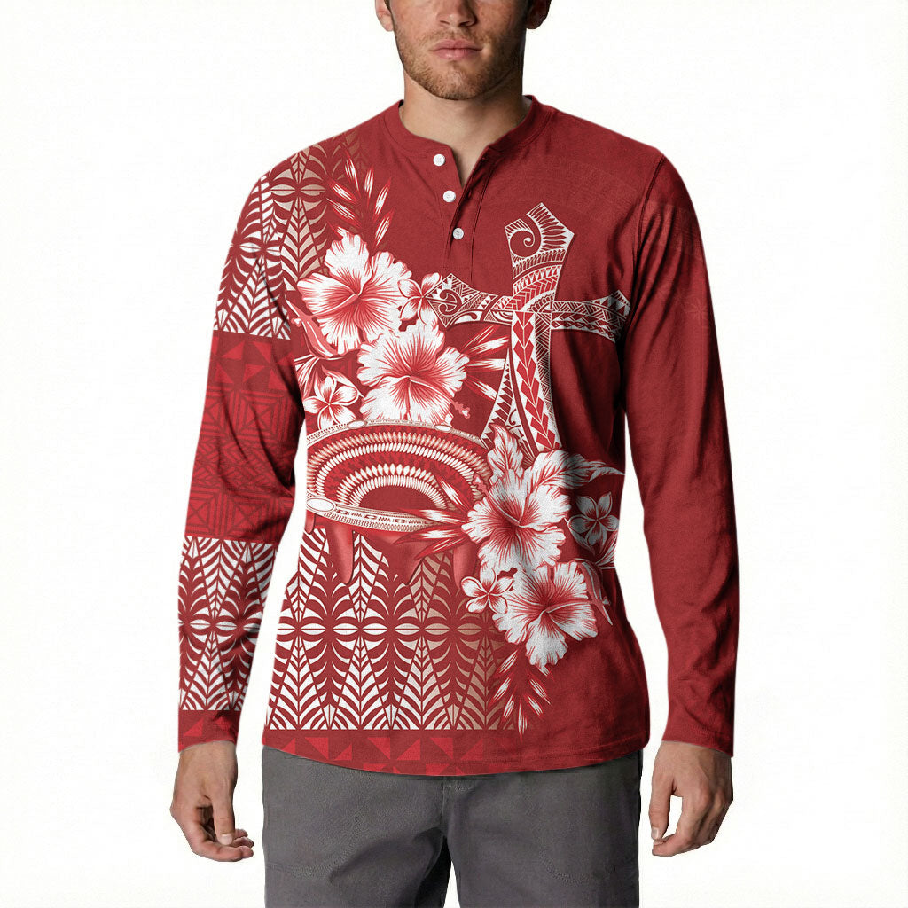 Tonga Ngatu Kupesi Royal Red Button Sweatshirt Koe Otua Mo Tonga Ko Hoku Tofia LT7 - Polynesian Pride