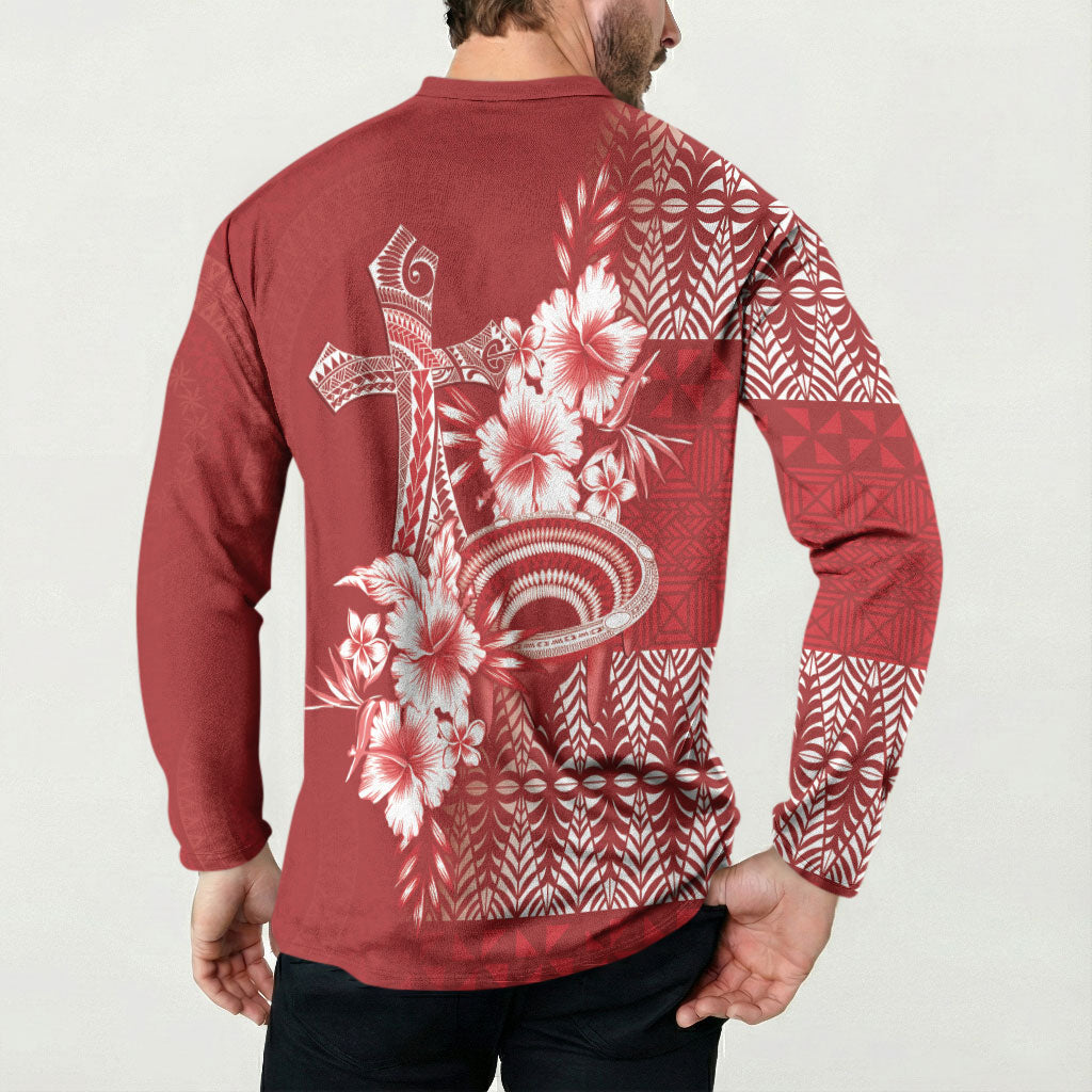 Tonga Ngatu Kupesi Royal Red Button Sweatshirt Koe Otua Mo Tonga Ko Hoku Tofia LT7 - Polynesian Pride