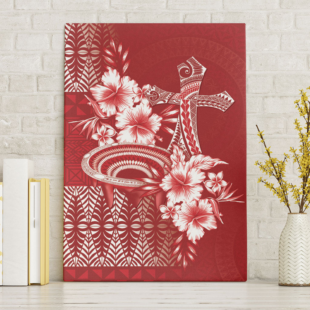 Tonga Ngatu Kupesi Royal Red Canvas Wall Art Koe Otua Mo Tonga Ko Hoku Tofia LT7 Without Frame Red - Polynesian Pride