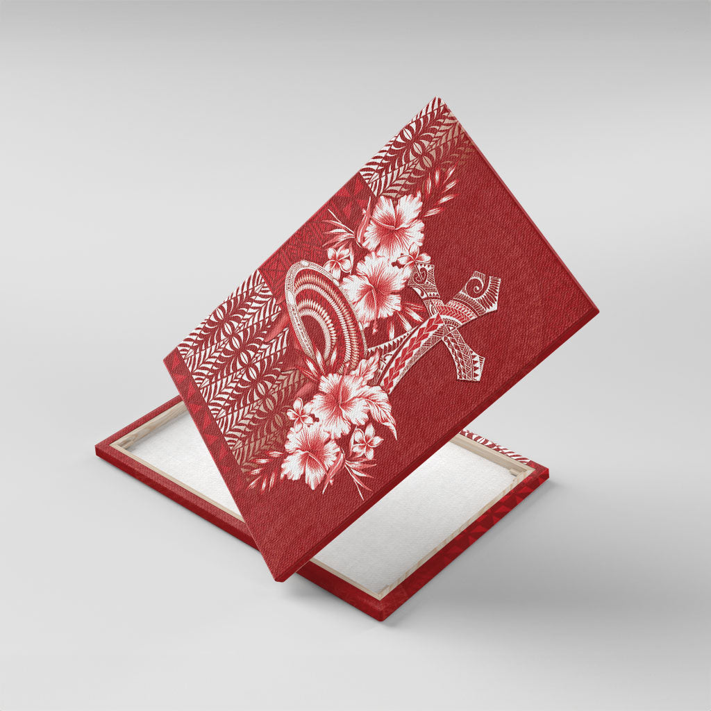 Tonga Ngatu Kupesi Royal Red Canvas Wall Art Koe Otua Mo Tonga Ko Hoku Tofia LT7 With Frame Red - Polynesian Pride