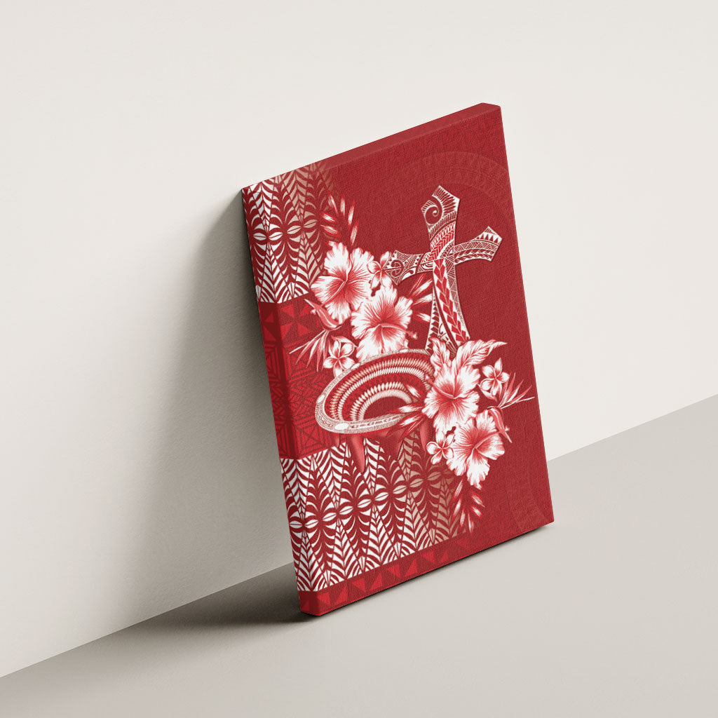 Tonga Ngatu Kupesi Royal Red Canvas Wall Art Koe Otua Mo Tonga Ko Hoku Tofia LT7 - Polynesian Pride