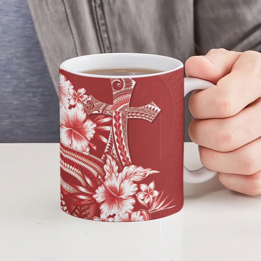 Tonga Ngatu Kupesi Royal Red Ceramic Mug Koe Otua Mo Tonga Ko Hoku Tofia LT7 - Polynesian Pride