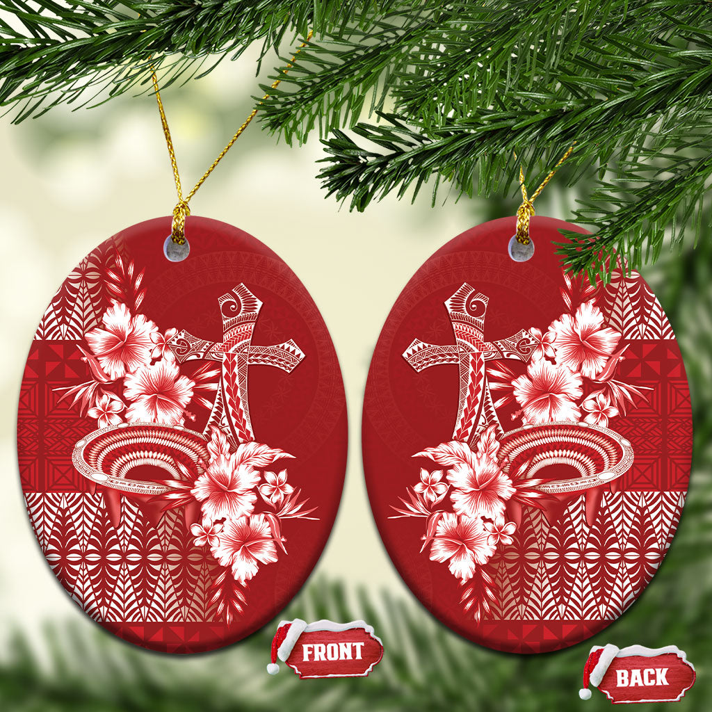 Tonga Ngatu Kupesi Royal Red Ceramic Ornament Koe Otua Mo Tonga Ko Hoku Tofia LT7 Oval Red - Polynesian Pride
