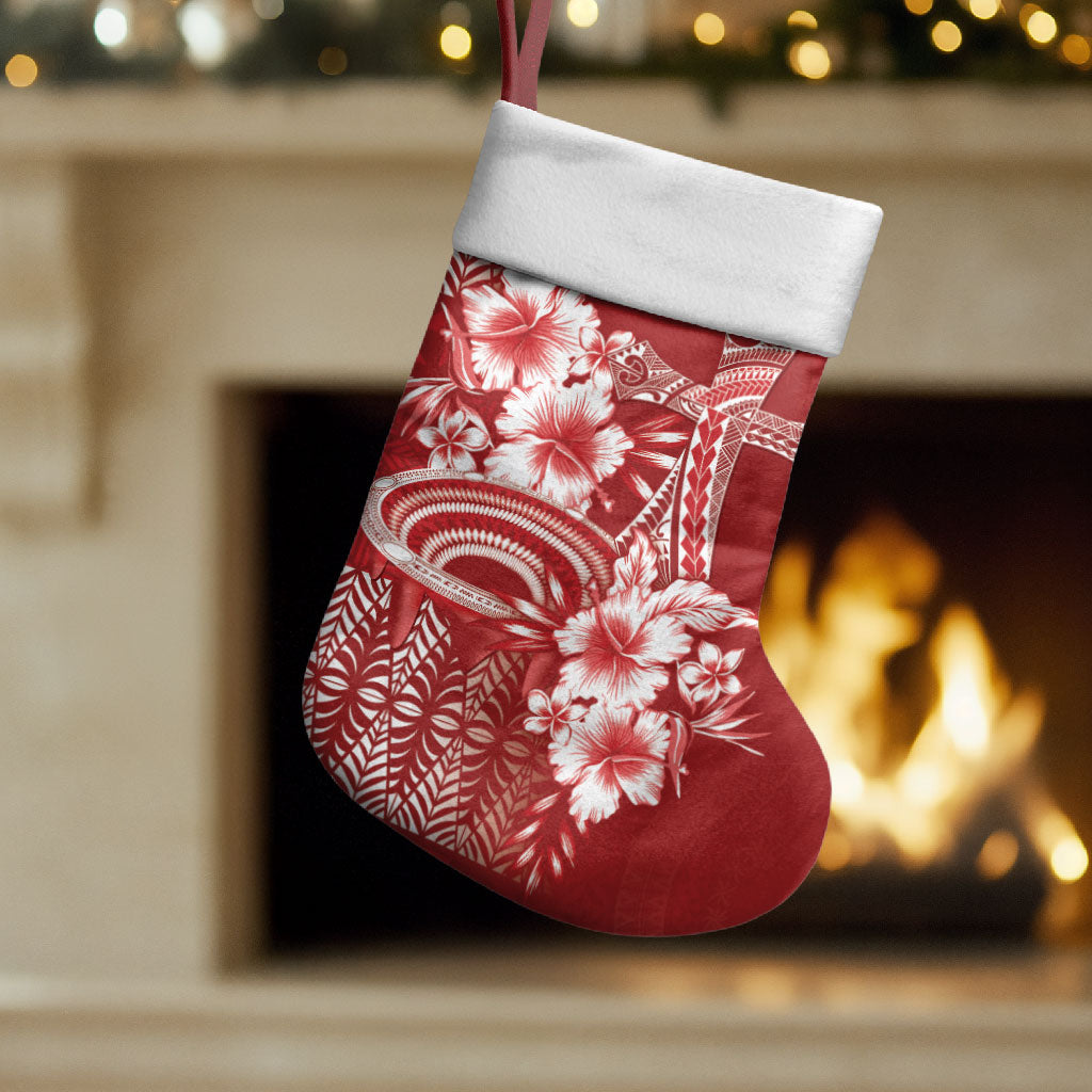 Tonga Ngatu Kupesi Royal Red Christmas Stocking Koe Otua Mo Tonga Ko Hoku Tofia LT7 Set of 2 Red - Polynesian Pride