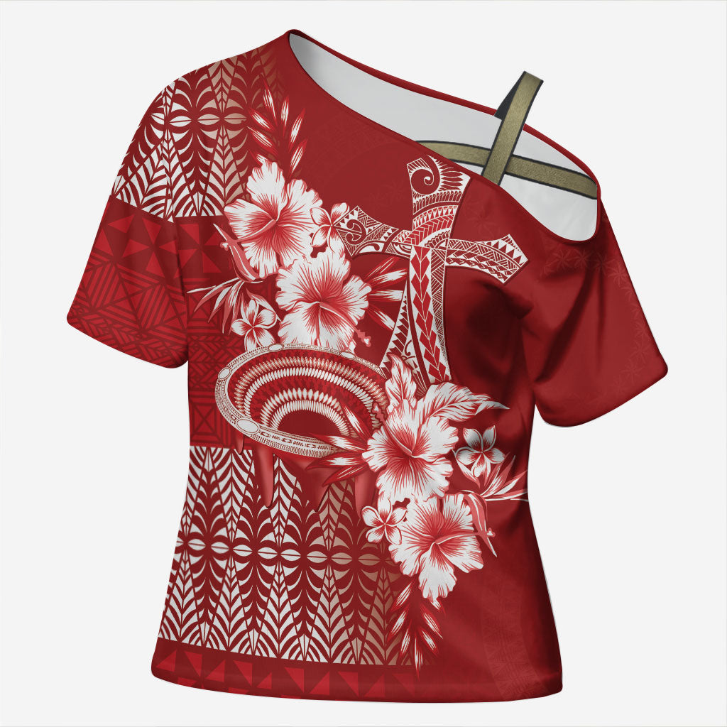 Tonga Ngatu Kupesi Royal Red Cross Shoulder Shirt Koe Otua Mo Tonga Ko Hoku Tofia LT7 Female Red - Polynesian Pride
