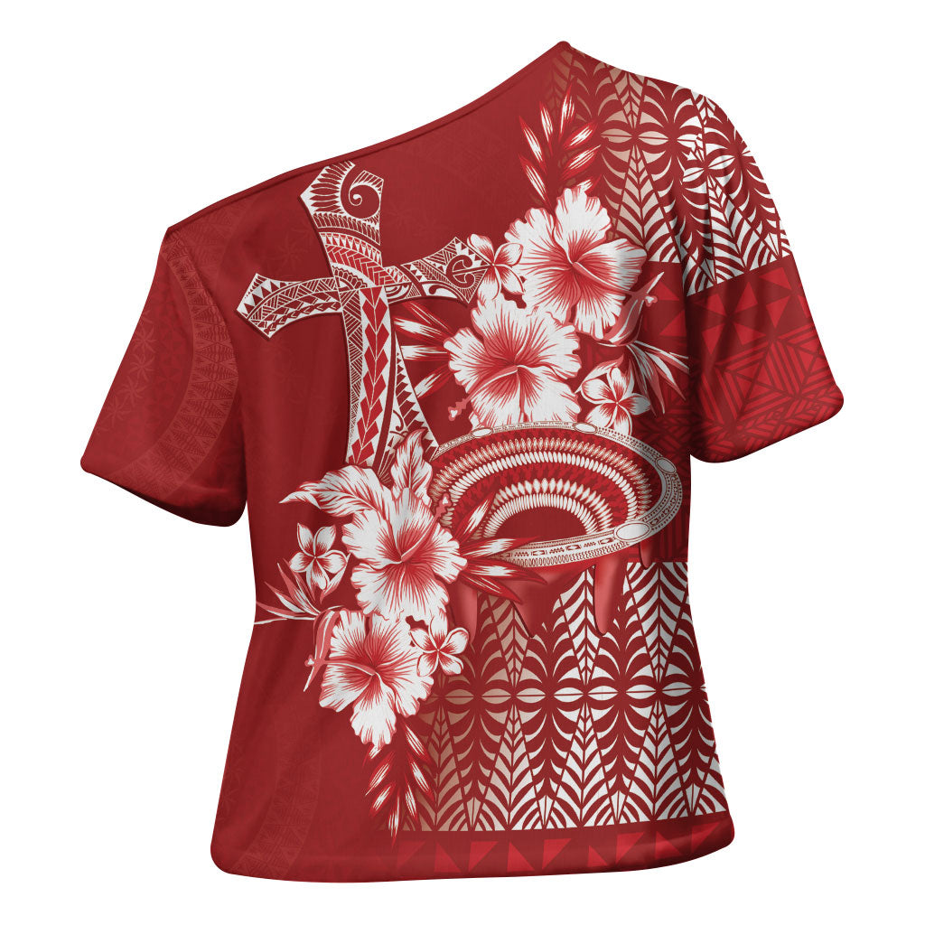 Tonga Ngatu Kupesi Royal Red Cross Shoulder Shirt Koe Otua Mo Tonga Ko Hoku Tofia LT7 - Polynesian Pride