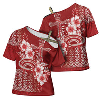 Tonga Ngatu Kupesi Royal Red Cross Shoulder Shirt Koe Otua Mo Tonga Ko Hoku Tofia LT7 - Polynesian Pride