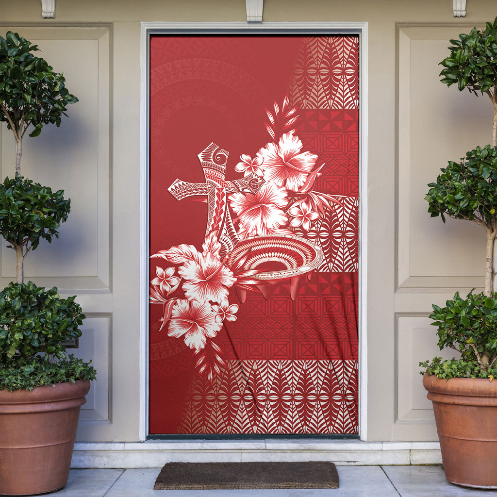 Tonga Ngatu Kupesi Royal Red Door Cover Koe Otua Mo Tonga Ko Hoku Tofia LT7 Red - Polynesian Pride