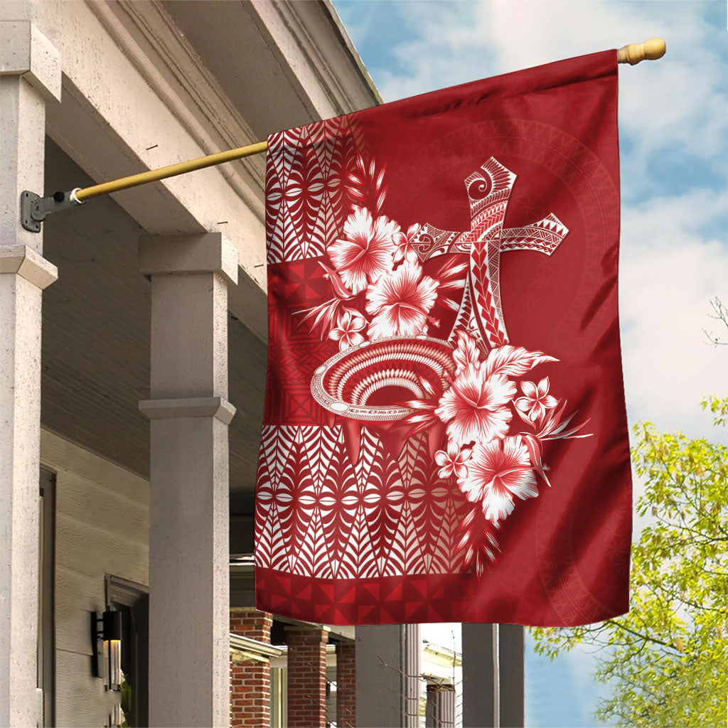 Tonga Ngatu Kupesi Royal Red Garden Flag Koe Otua Mo Tonga Ko Hoku Tofia LT7 House Flag Red - Polynesian Pride