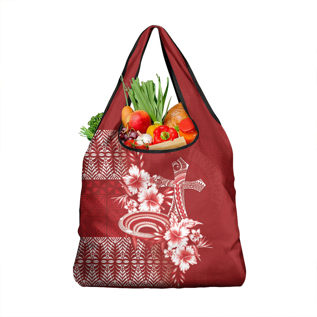 Tonga Ngatu Kupesi Royal Red Grocery Bag Koe Otua Mo Tonga Ko Hoku Tofia