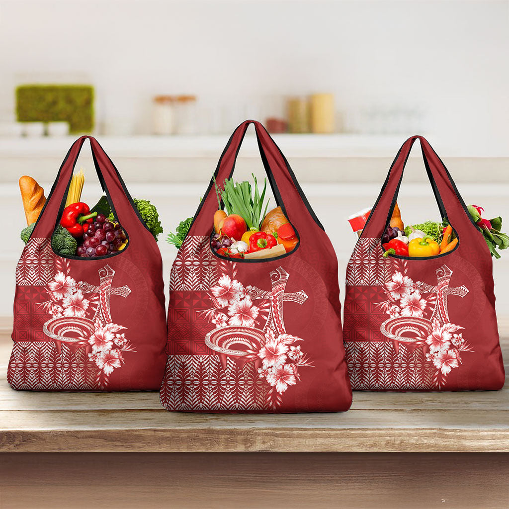 Tonga Ngatu Kupesi Royal Red Grocery Bag Koe Otua Mo Tonga Ko Hoku Tofia LT7 3-pack One Size Red - Polynesian Pride