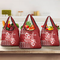 Tonga Ngatu Kupesi Royal Red Grocery Bag Koe Otua Mo Tonga Ko Hoku Tofia LT7 3-pack One Size Red - Polynesian Pride