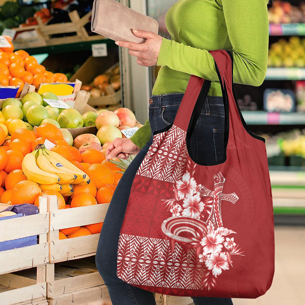 Tonga Ngatu Kupesi Royal Red Grocery Bag Koe Otua Mo Tonga Ko Hoku Tofia LT7 - Polynesian Pride