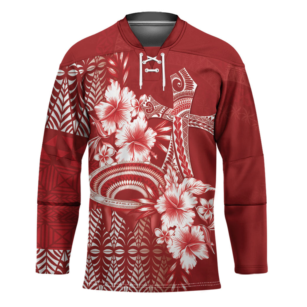 Tonga Ngatu Kupesi Royal Red Hockey Jersey Koe Otua Mo Tonga Ko Hoku Tofia LT7 Unisex Red - Polynesian Pride