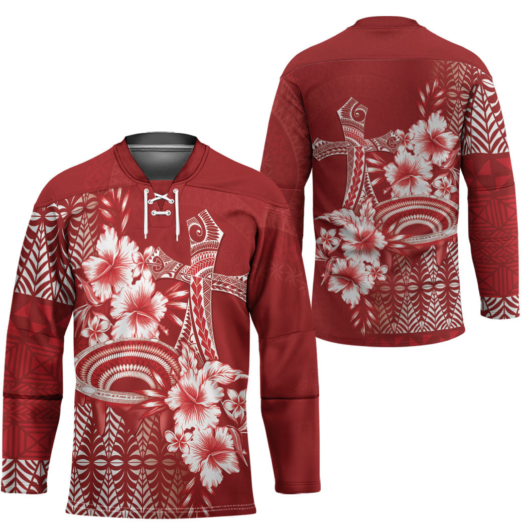 Tonga Ngatu Kupesi Royal Red Hockey Jersey Koe Otua Mo Tonga Ko Hoku Tofia LT7 - Polynesian Pride