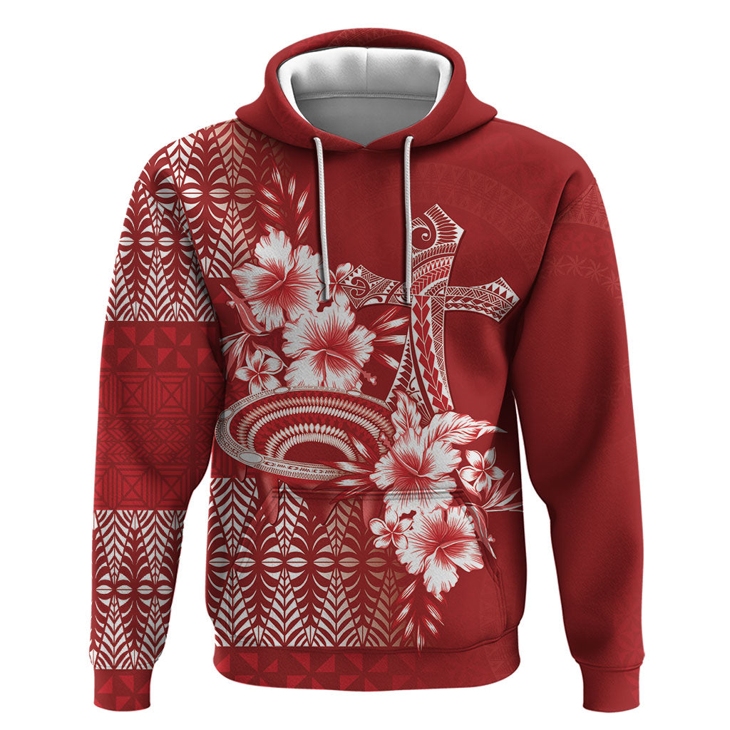 Tonga Ngatu Kupesi Royal Red Hoodie Koe Otua Mo Tonga Ko Hoku Tofia LT7 Pullover Hoodie Red - Polynesian Pride
