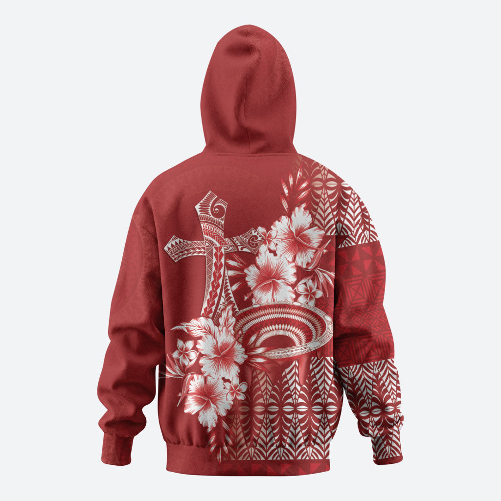Tonga Ngatu Kupesi Royal Red Hoodie Koe Otua Mo Tonga Ko Hoku Tofia LT7 - Polynesian Pride