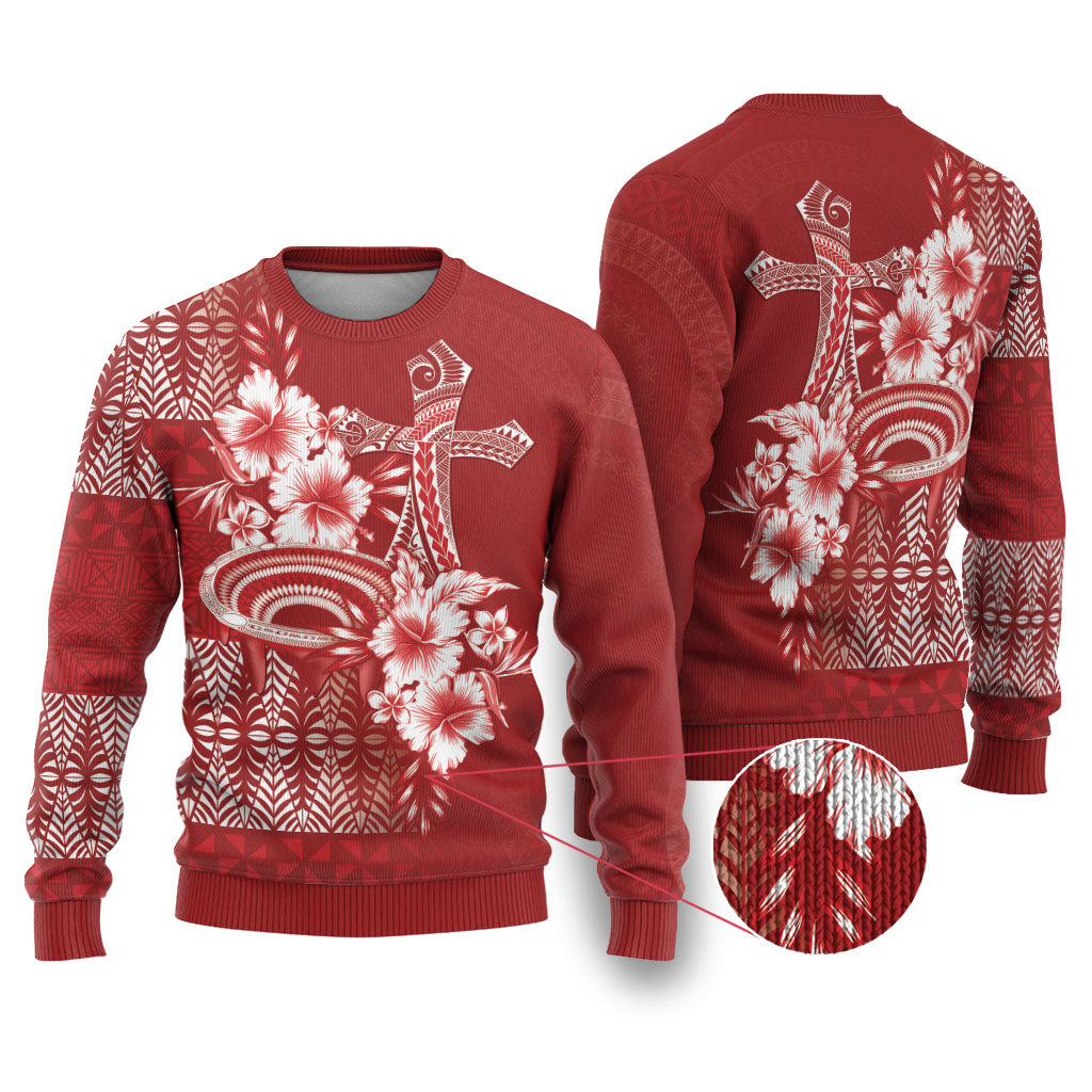 Tonga Ngatu Kupesi Royal Red Ugly Christmas Sweater Koe Otua Mo Tonga Ko Hoku Tofia LT7 Red - Polynesian Pride