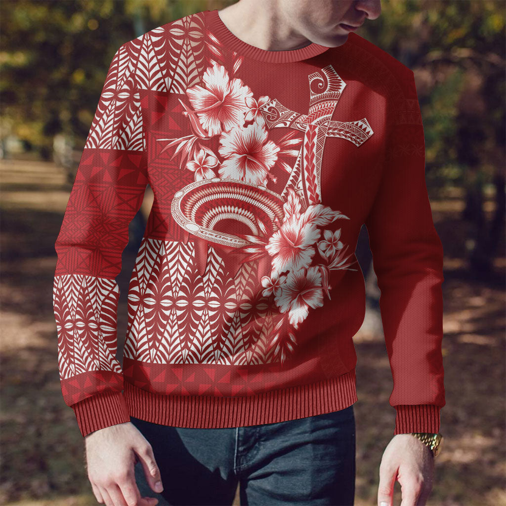 Tonga Ngatu Kupesi Royal Red Ugly Christmas Sweater Koe Otua Mo Tonga Ko Hoku Tofia LT7 - Polynesian Pride