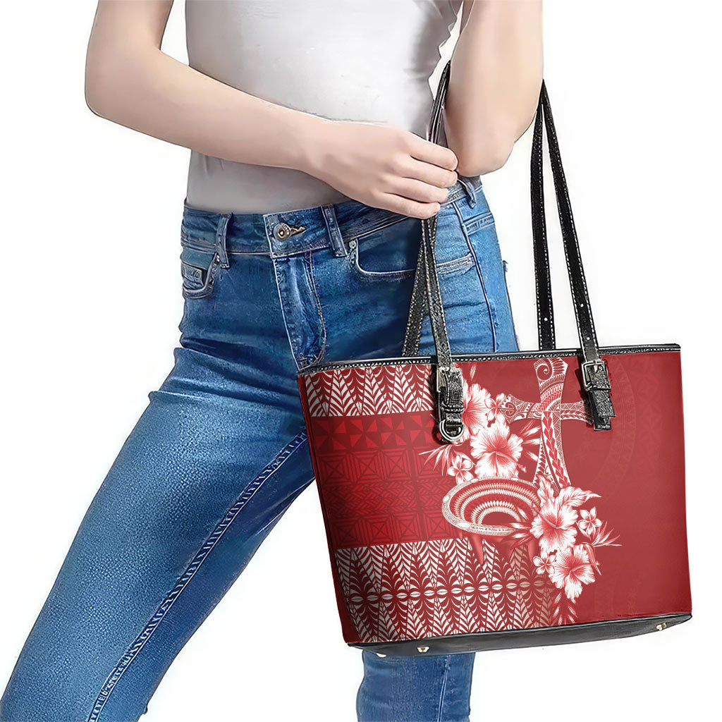 Tonga Ngatu Kupesi Royal Red Leather Tote Bag Koe Otua Mo Tonga Ko Hoku Tofia LT7 - Polynesian Pride