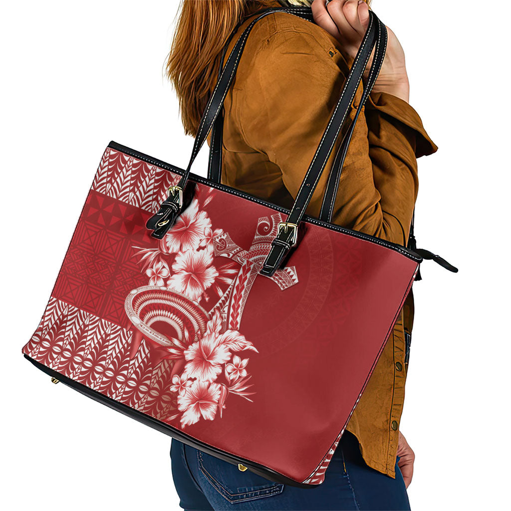 Tonga Ngatu Kupesi Royal Red Leather Tote Bag Koe Otua Mo Tonga Ko Hoku Tofia LT7 - Polynesian Pride