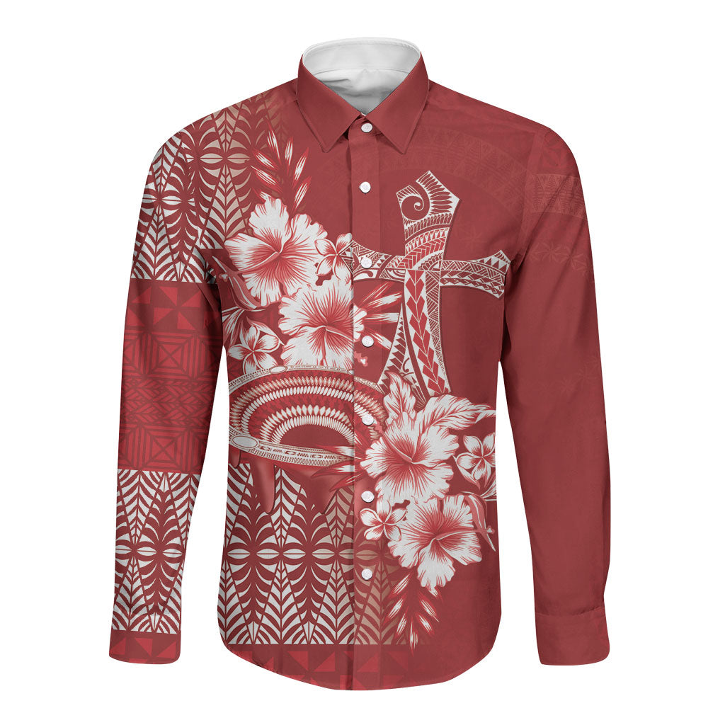Tonga Ngatu Kupesi Royal Red Long Sleeve Button Shirt Koe Otua Mo Tonga Ko Hoku Tofia LT7 Unisex Red - Polynesian Pride