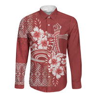 Tonga Ngatu Kupesi Royal Red Long Sleeve Button Shirt Koe Otua Mo Tonga Ko Hoku Tofia LT7 Unisex Red - Polynesian Pride