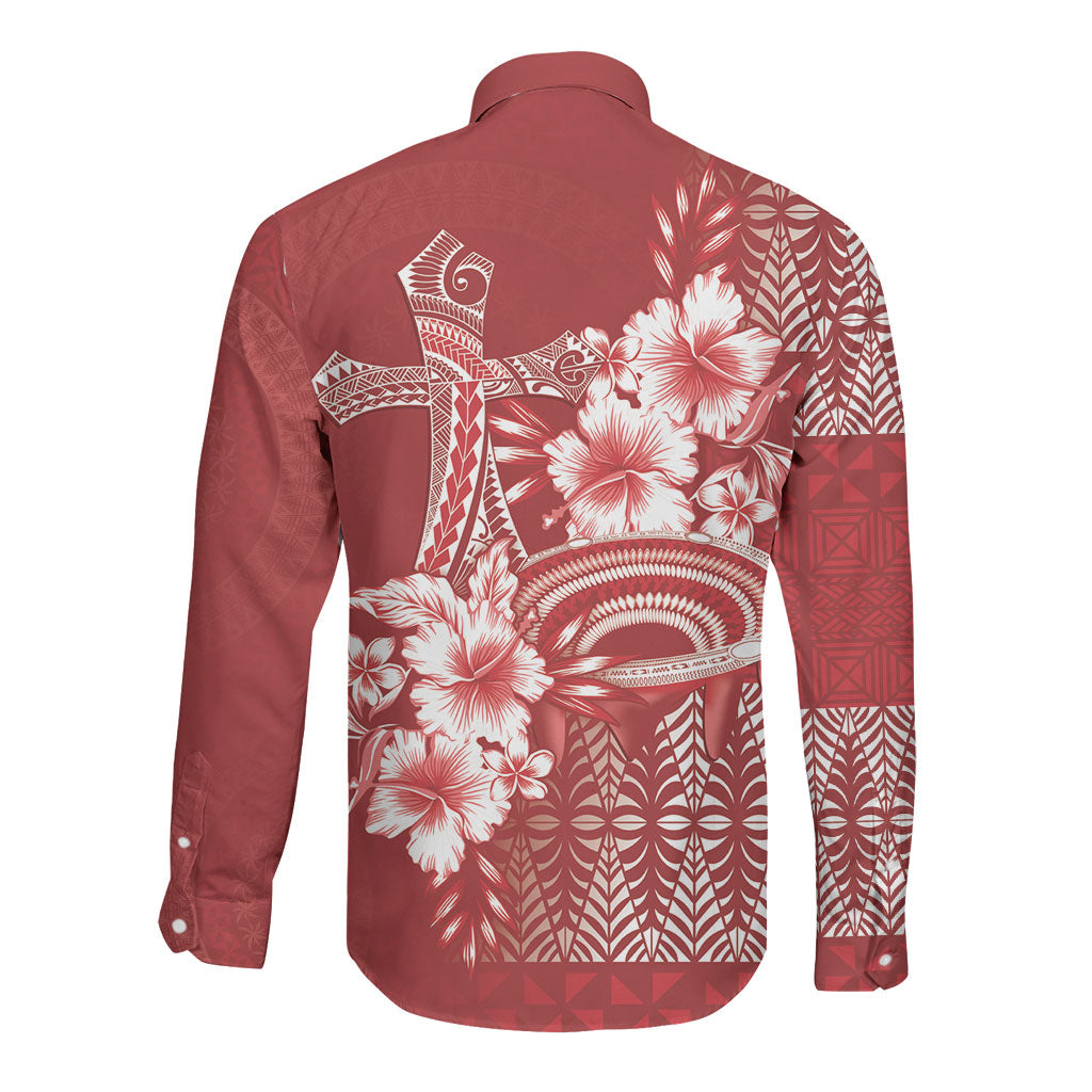 Tonga Ngatu Kupesi Royal Red Long Sleeve Button Shirt Koe Otua Mo Tonga Ko Hoku Tofia LT7 - Polynesian Pride