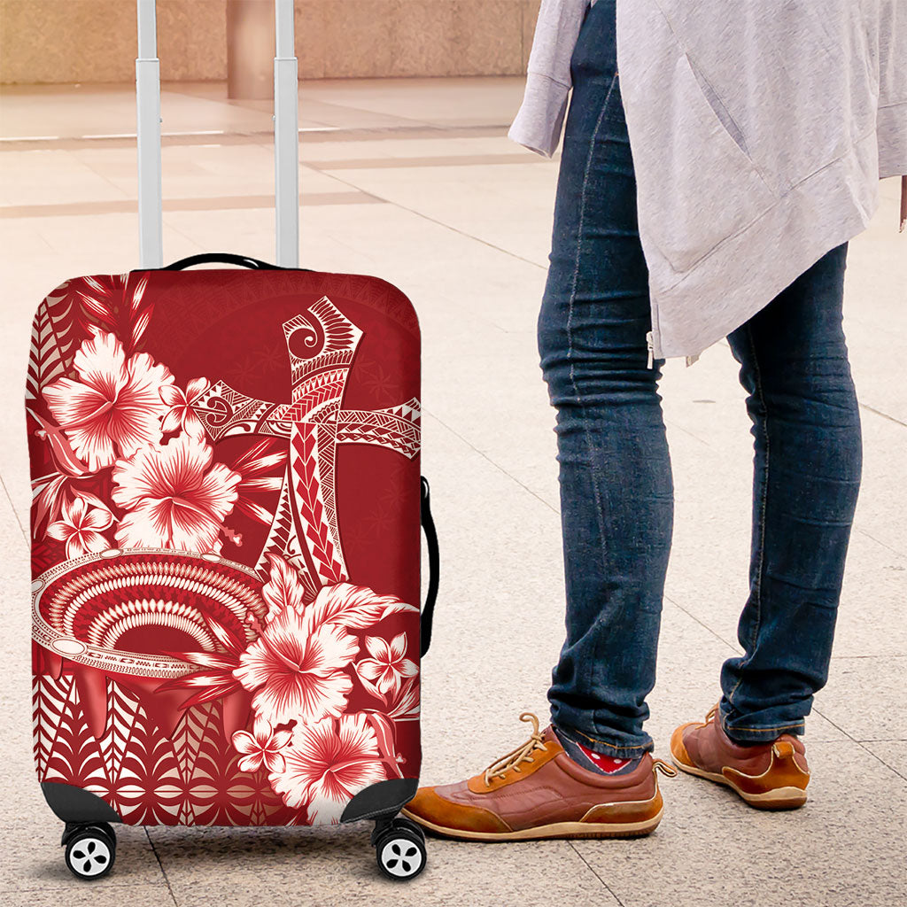 Tonga Ngatu Kupesi Royal Red Luggage Cover Koe Otua Mo Tonga Ko Hoku Tofia