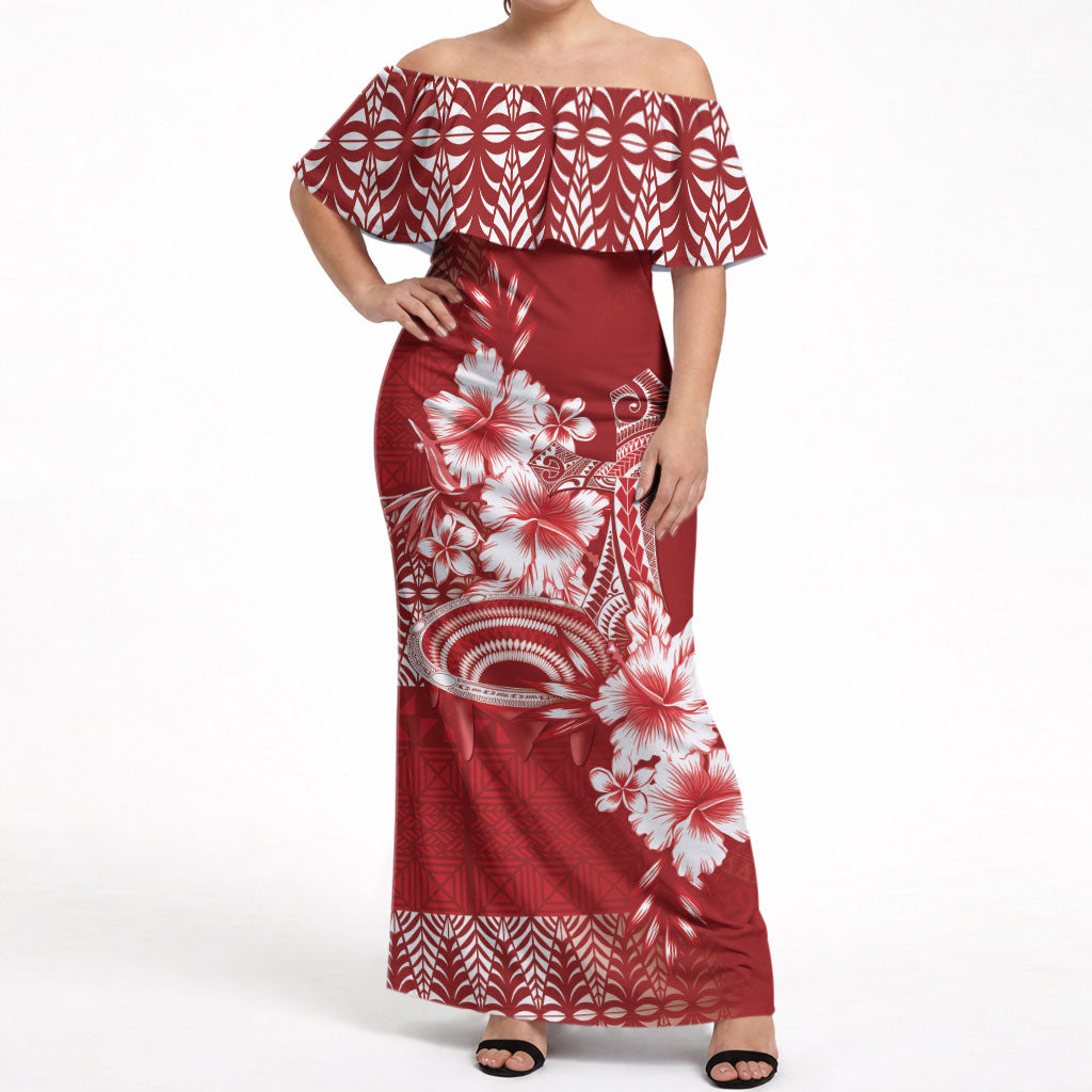 Tonga Ngatu Kupesi Royal Red Off Shoulder Maxi Dress Koe Otua Mo Tonga Ko Hoku Tofia LT7 Women Red - Polynesian Pride