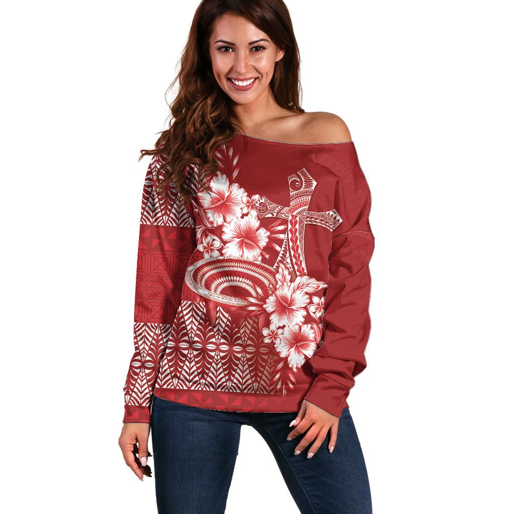 Tonga Ngatu Kupesi Royal Red Off Shoulder Sweater Koe Otua Mo Tonga Ko Hoku Tofia LT7 Women Red - Polynesian Pride