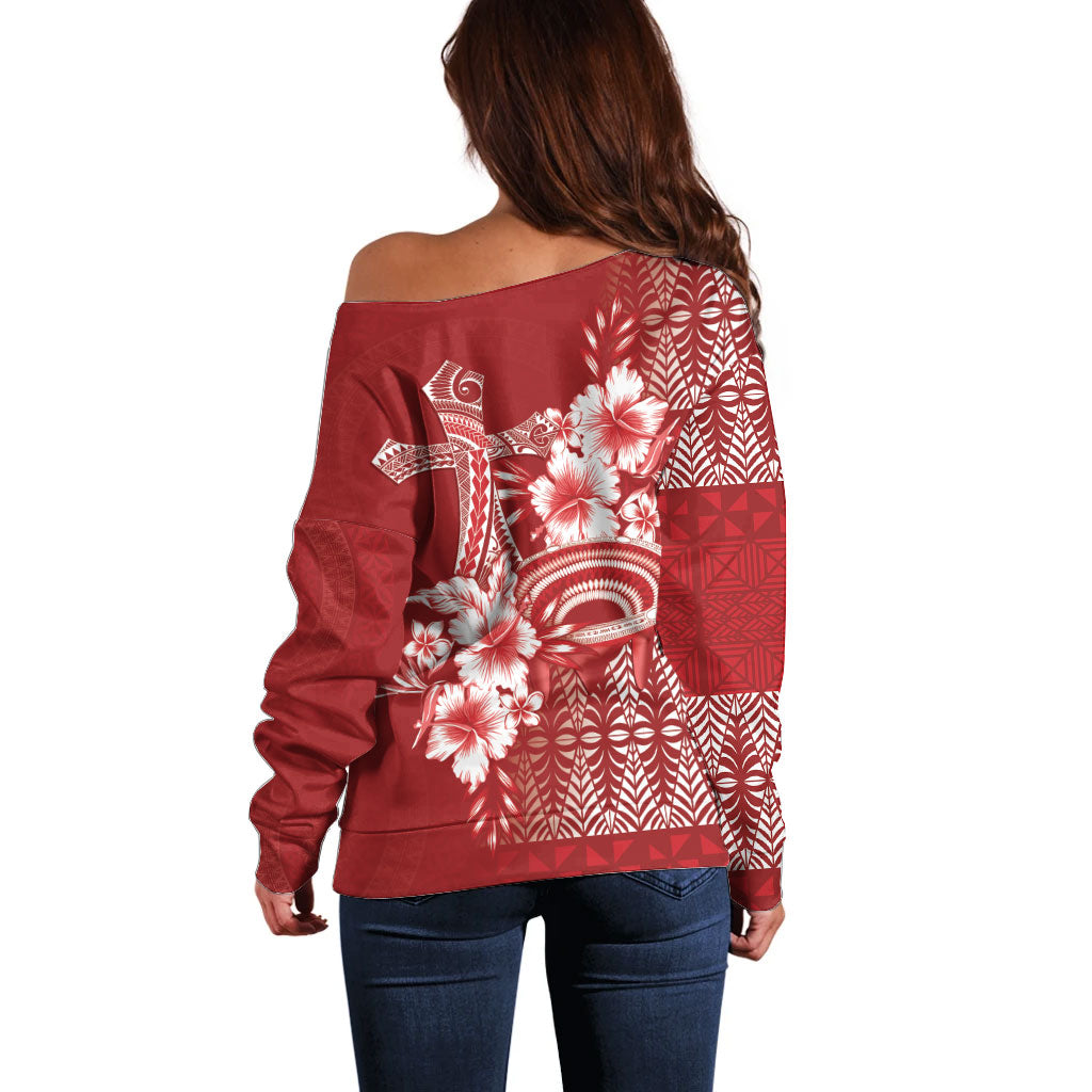 Tonga Ngatu Kupesi Royal Red Off Shoulder Sweater Koe Otua Mo Tonga Ko Hoku Tofia LT7 - Polynesian Pride