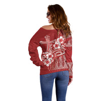 Tonga Ngatu Kupesi Royal Red Off Shoulder Sweater Koe Otua Mo Tonga Ko Hoku Tofia LT7 - Polynesian Pride