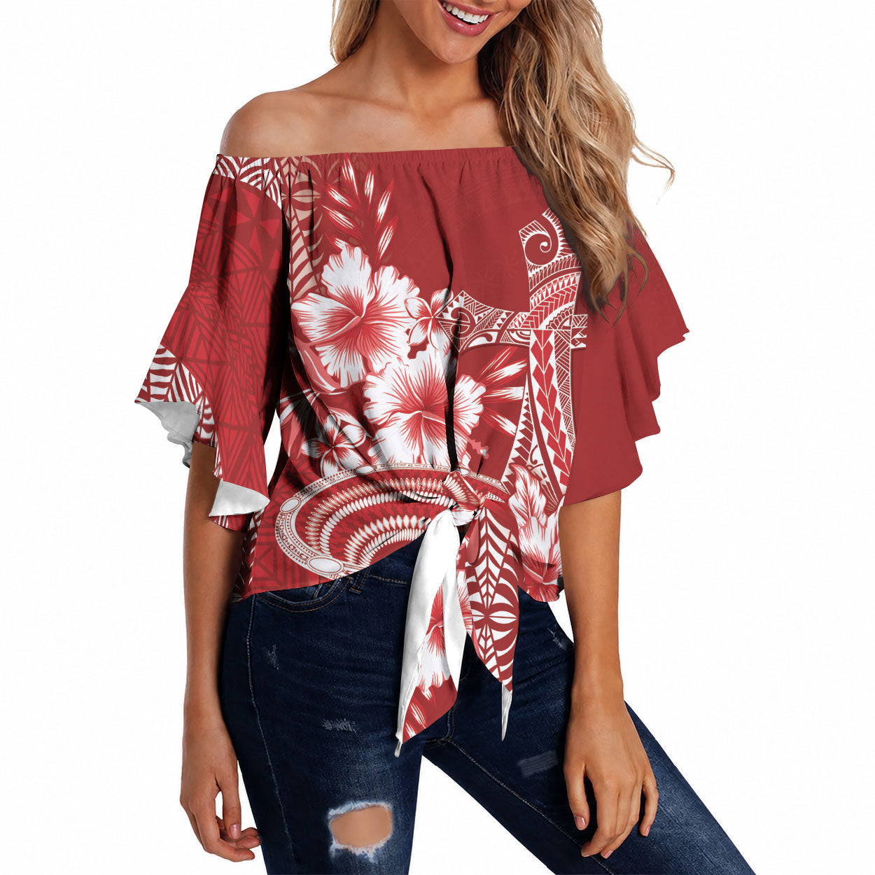 Tonga Ngatu Kupesi Royal Red Off Shoulder Wrap Waist Top Koe Otua Mo Tonga Ko Hoku Tofia LT7 Red - Polynesian Pride