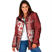 Tonga Ngatu Kupesi Royal Red Padded Jacket Koe Otua Mo Tonga Ko Hoku Tofia LT7 Women Red - Polynesian Pride
