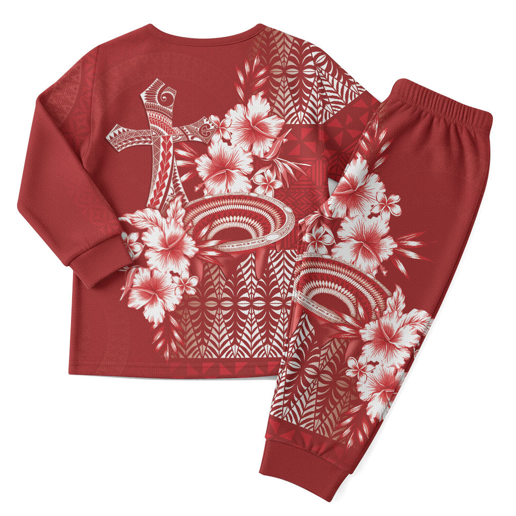Tonga Ngatu Kupesi Royal Red Christmas Pajama Set Koe Otua Mo Tonga Ko Hoku Tofia LT7 - Polynesian Pride