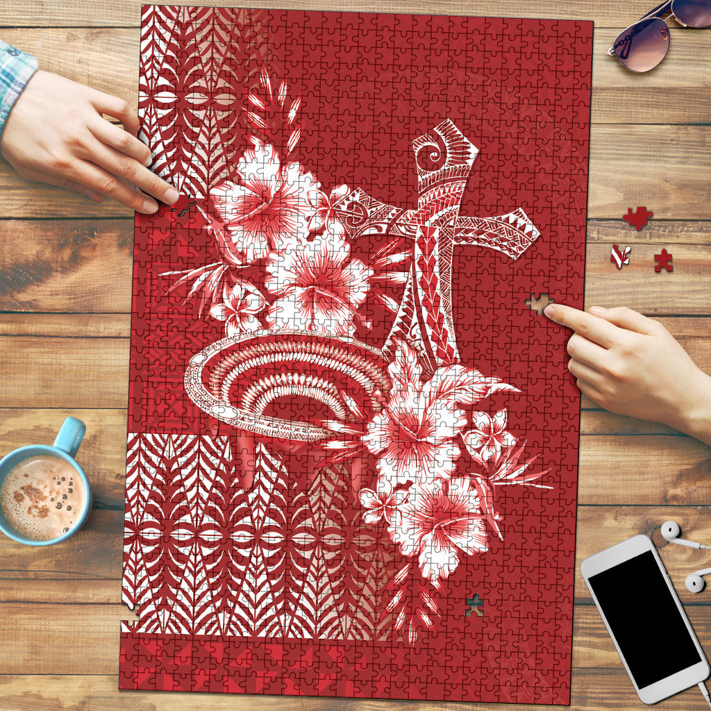 Tonga Ngatu Kupesi Royal Red Puzzle Koe Otua Mo Tonga Ko Hoku Tofia LT7 Red - Polynesian Pride