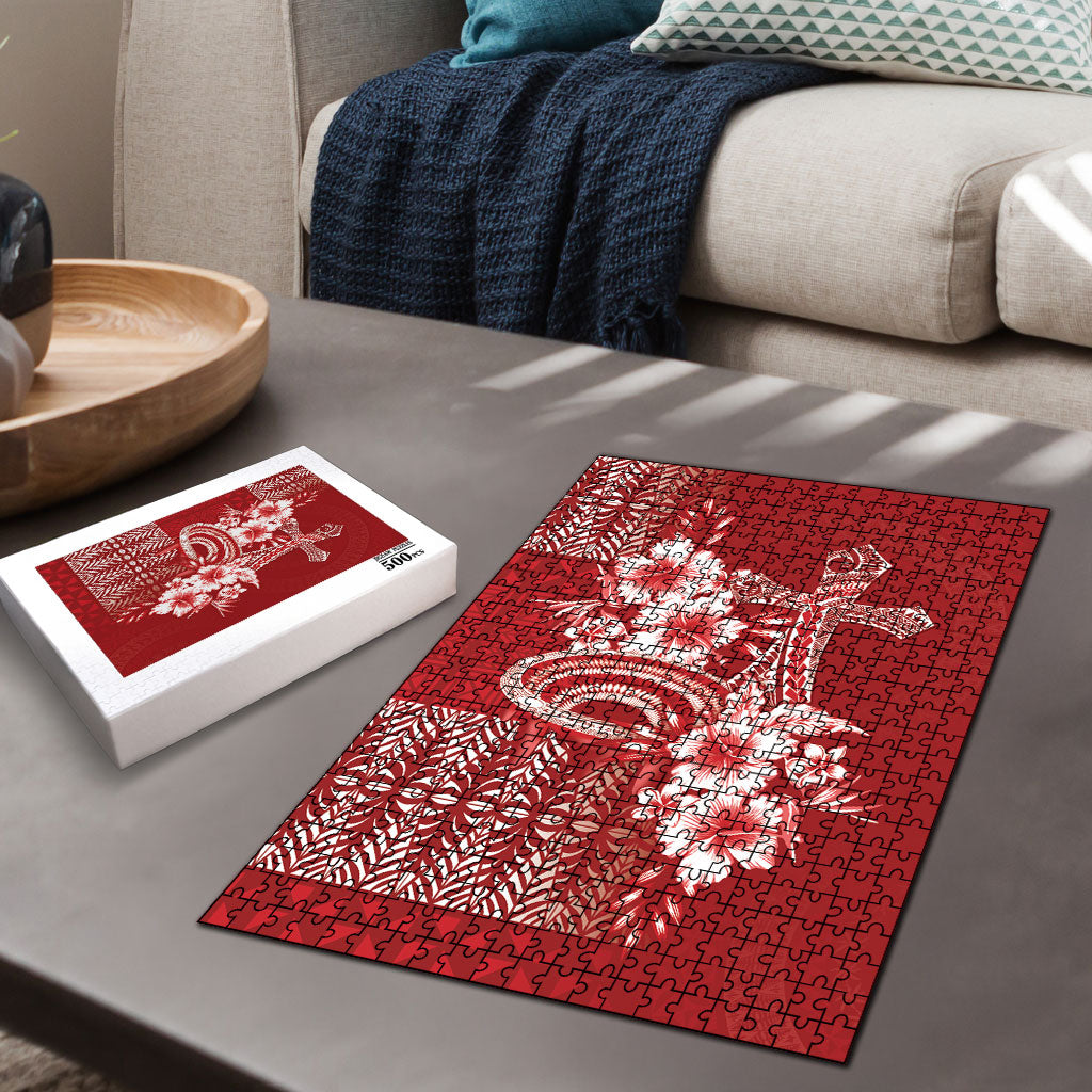 Tonga Ngatu Kupesi Royal Red Puzzle Koe Otua Mo Tonga Ko Hoku Tofia LT7 - Polynesian Pride