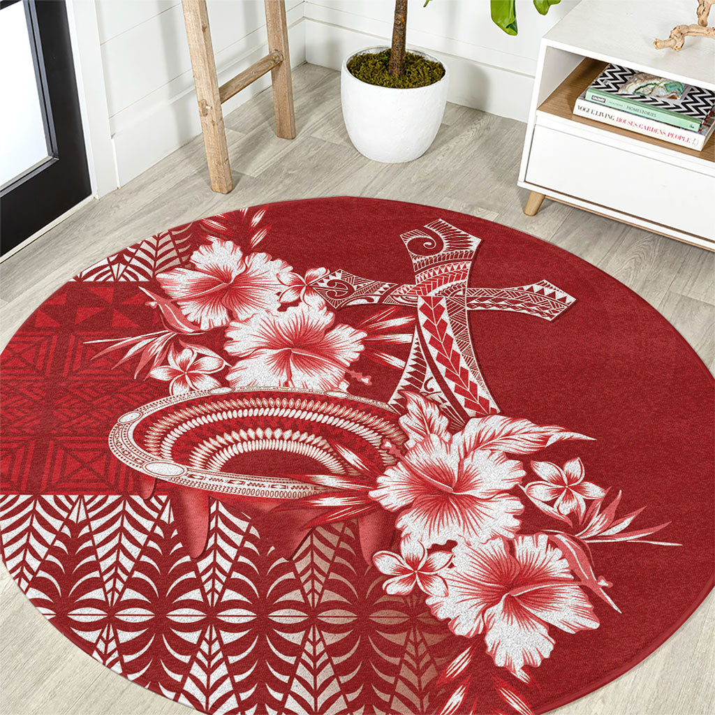 Tonga Ngatu Kupesi Royal Red Round Carpet Koe Otua Mo Tonga Ko Hoku Tofia LT7 Red - Polynesian Pride