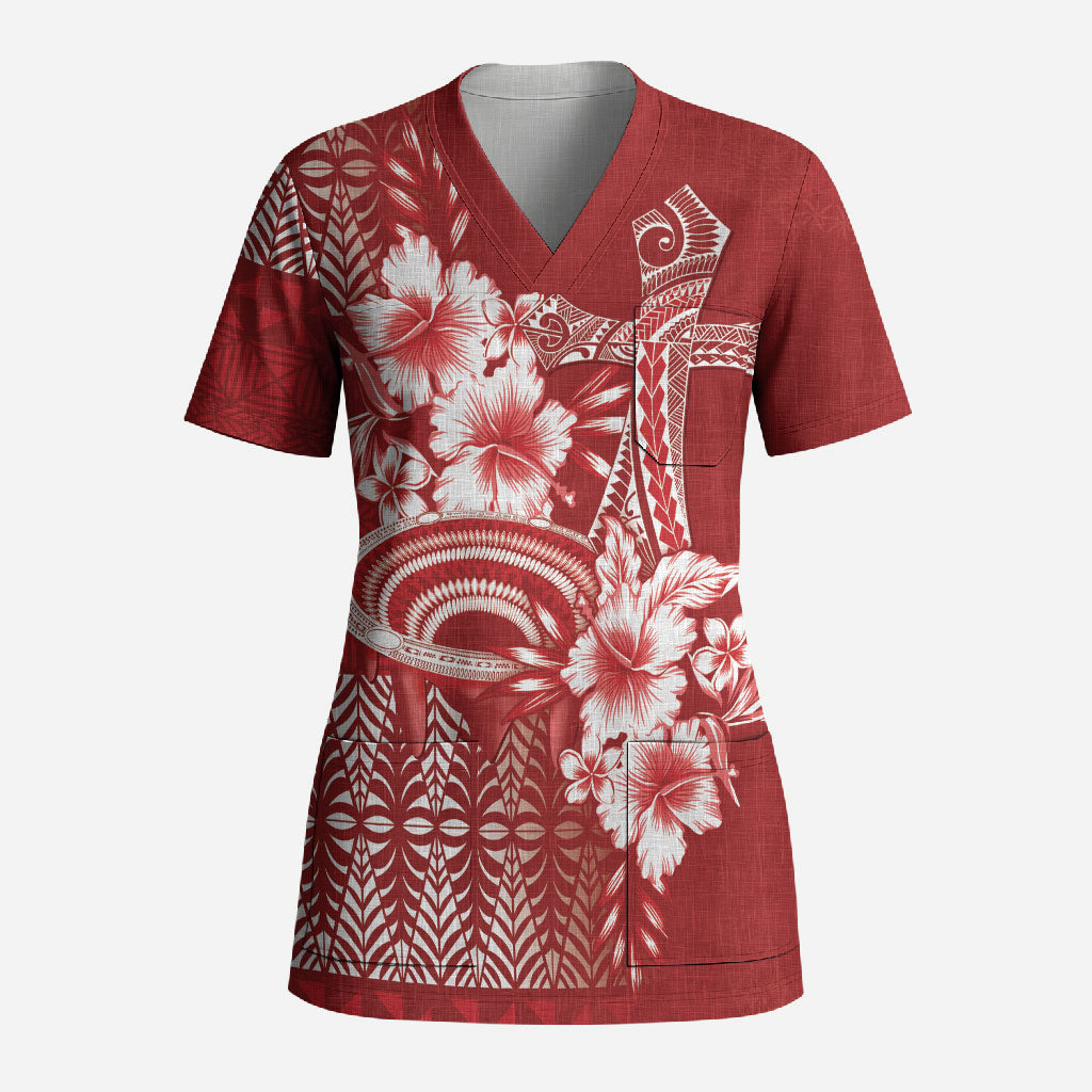 Tonga Ngatu Kupesi Royal Red Scrub Top Koe Otua Mo Tonga Ko Hoku Tofia LT7 Adult Red - Polynesian Pride